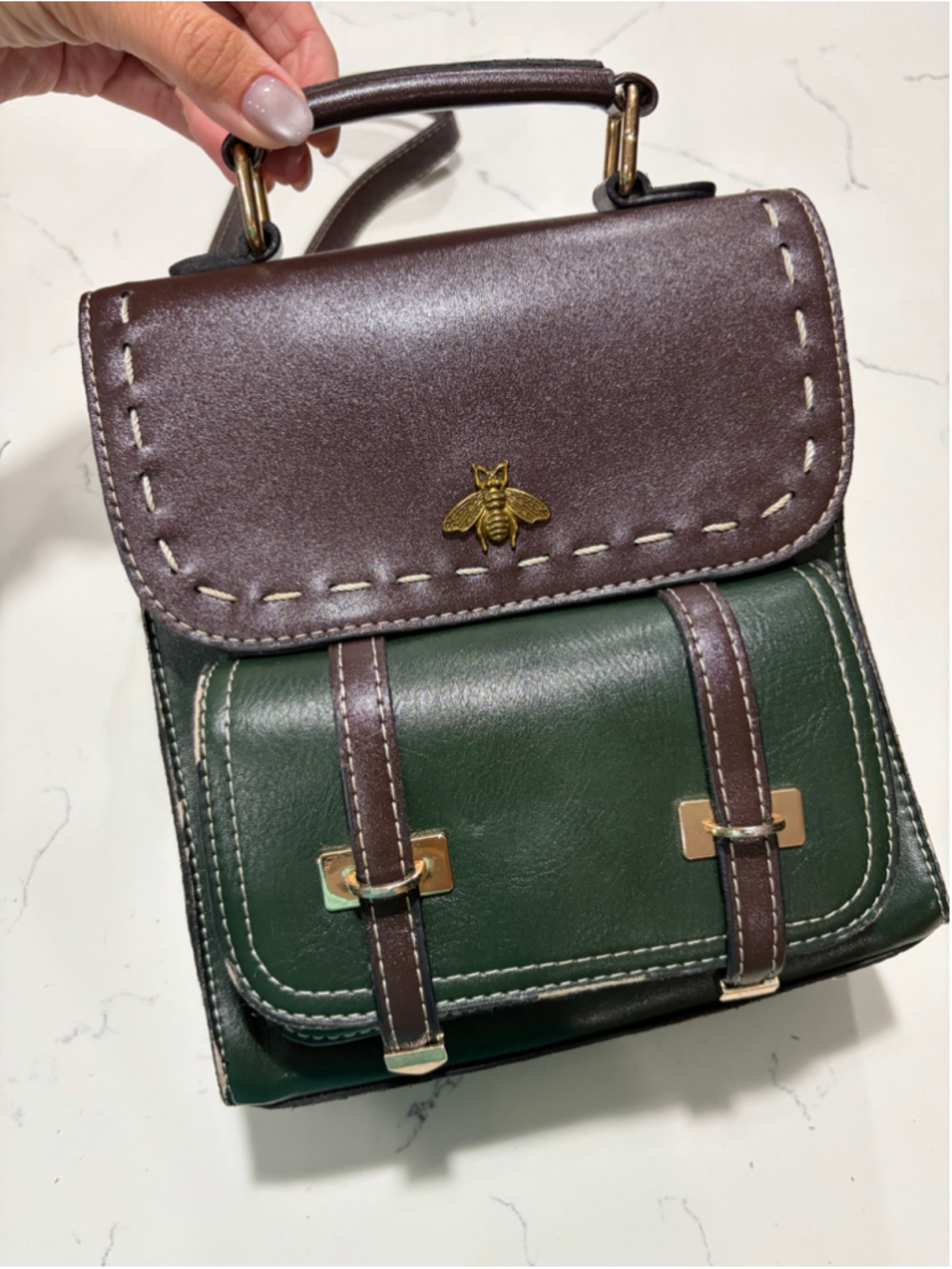 Vintage Style Dark Green & Brown Satchel Crossbody Bag Bee Hardware Cottagecore